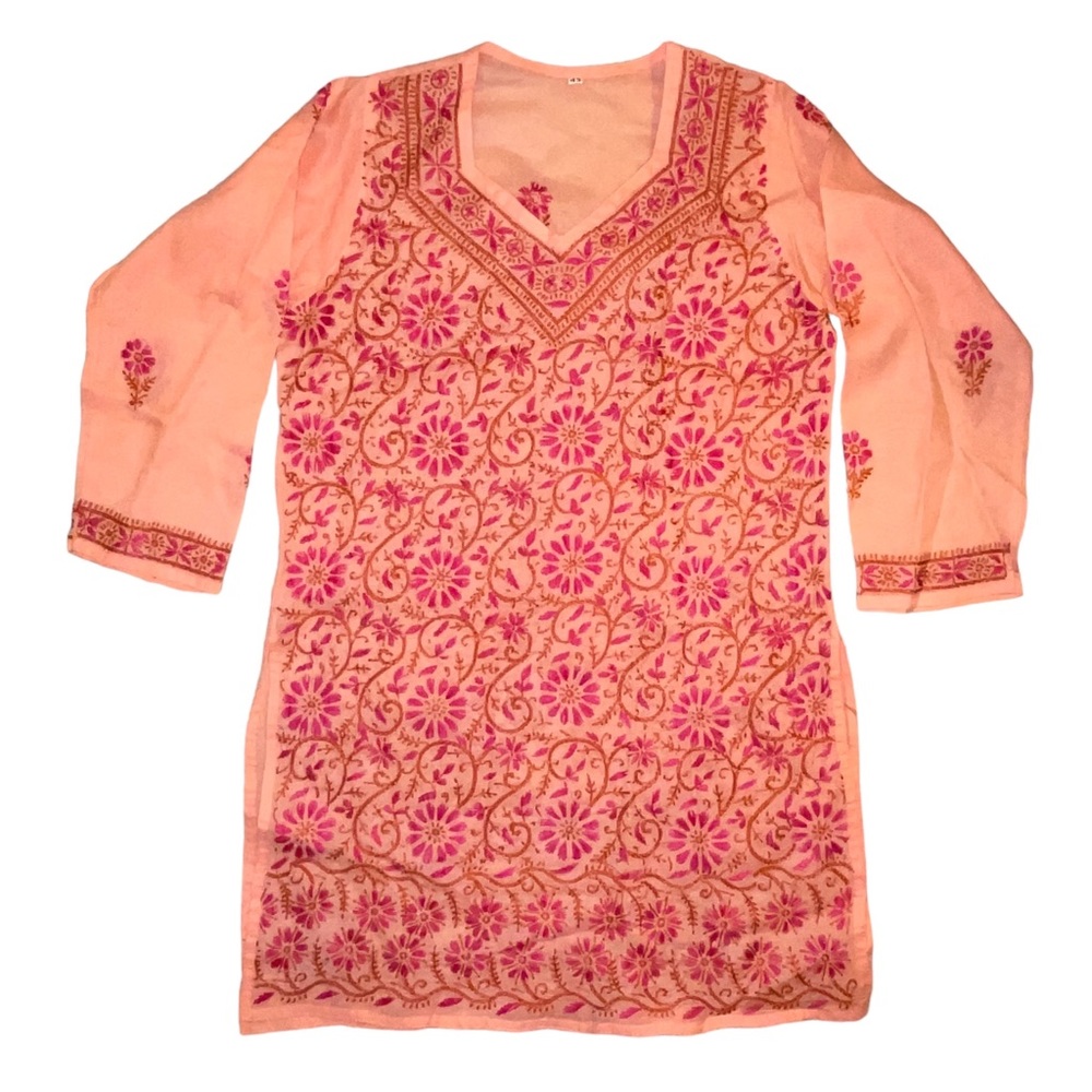 Womens Orange Cotton Embroidered Boho Indian Tunic Beach Coverup Sz M